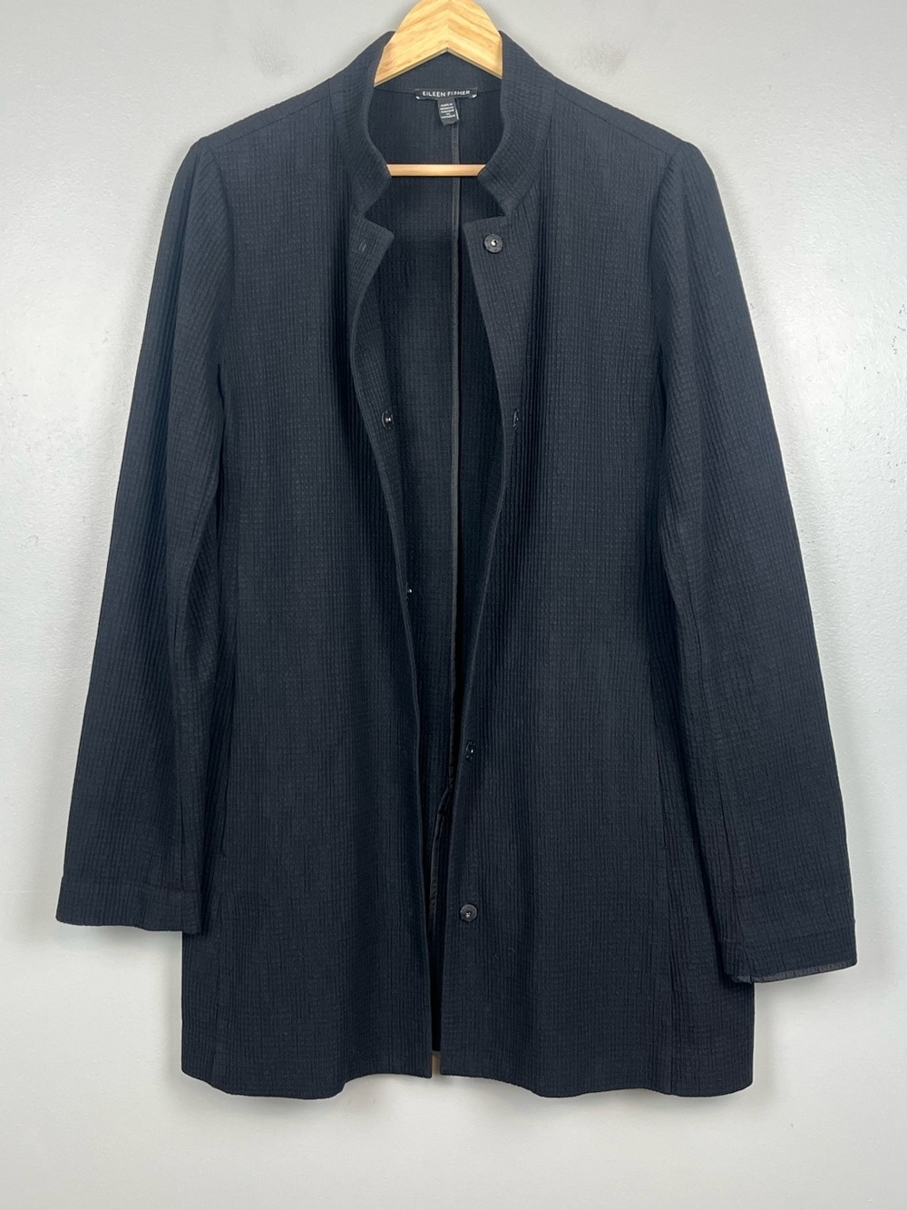 Eileen Fisher black stand collar waffle knit snap front jacket, small.